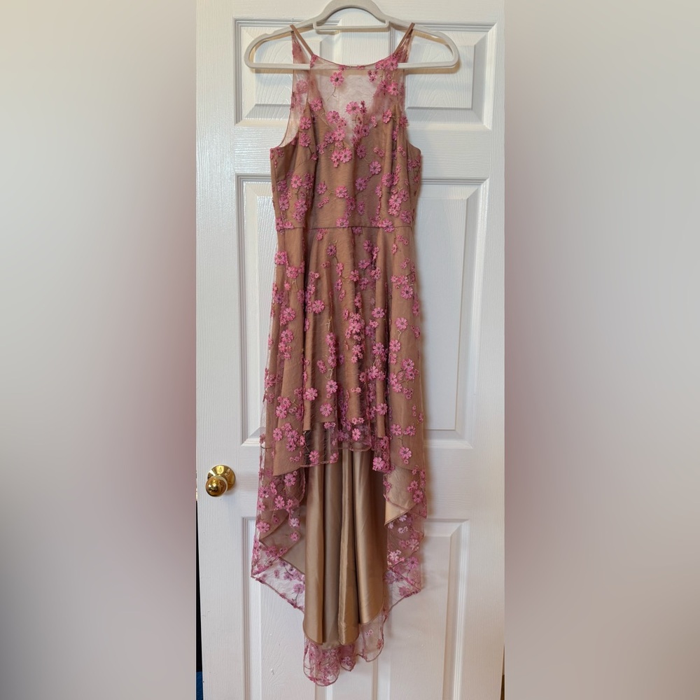 Badgley Mischka Floral Pink and Sequin Asymmetrical Hi Low Dress